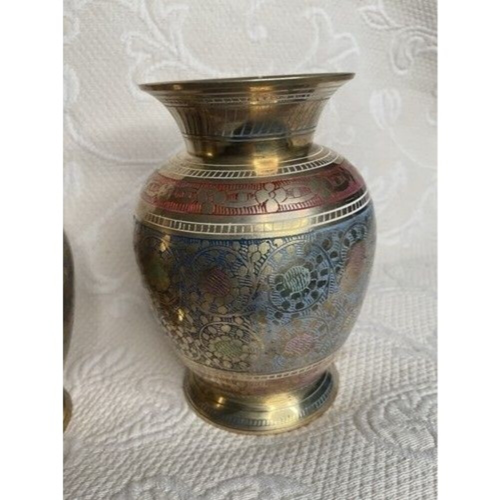 VTG Hand Engraving MultiFloral Set of 2 Mini Etched Brass Bud Vases 5” Tall Gold - Picture 7 of 14
